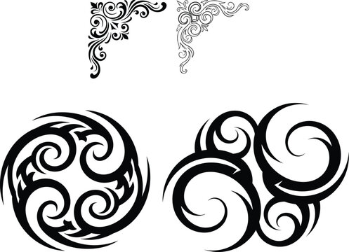 Assortment of decorative corner flourishes and intricate swirling circular tribal elements for design projects