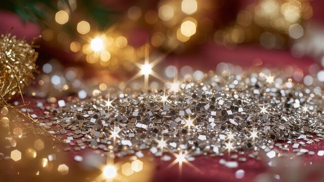 Sparkling silver glitter scattered on a red surface during a festive celebration in the evening Generative AI