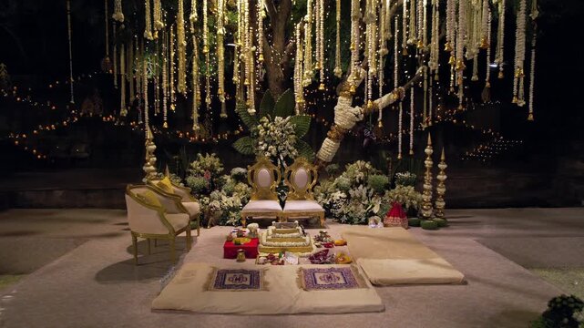 Aerial night drone view of a Big Fat Indian Wedding Venue Decoration in India