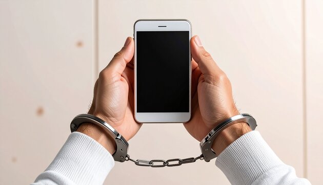 Handcuffed Person Using Smartphone Symbolizing Digital Crime and Legal Consequences