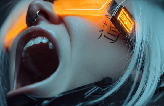 Retrato de una joven con implantes cibern&eacute;ticos gritando, con un estilo futurista y oscuro.