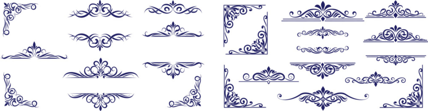 Collection of elegant classic scrollwork corners and decorative page dividers for document embellishment and vintage design