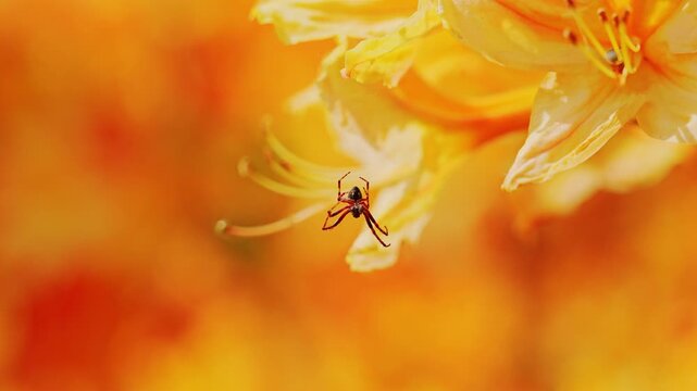 Macro scene shows small spider hanging on silk thread among orange flowers