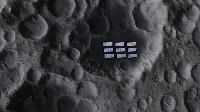 Wide-angle aerial 3D showing a interconnected network of solar arrays across the lunar surface. Perfect for documentaries on future space colonization and use of renewable energy technology.