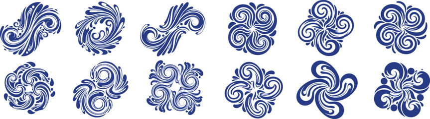 Fototapeta premium Collection of round swirling liquid patterns and dynamic circular ornamental elements