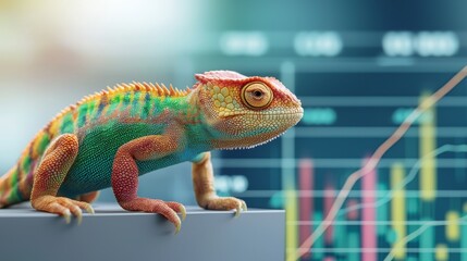 Obraz premium surreal business animals, Surreal imagery, financial, Surreal Silliness, Vibrant Chameleon Blending into Colorful Background with Graphs and Data Representation