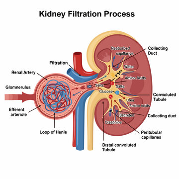 Detailed Diagram of Human Kidney Filtration and Reabsorption Process, Illustrating Nephron Function, Glomerulus, Tubules, and Solute Movement.