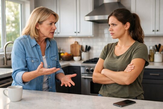 Two adult women having a tense conversation in a home kitchen, one gesturing while the other stands with crossed arms.