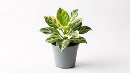 Fototapeta premium A lush houseplant featuring large, variegated leaves with blended green and creamy yellow tones sits in a simple gray pot, isolated on a white background for a clean, natural look.