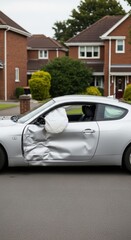 Plakat Silver car with deployed airbag and dent on door parked in suburban neighborhood driveway