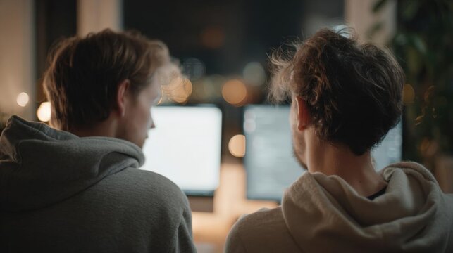 Two young men sitting in front of a computer monitor, facing each other. they are both wearing grey hoodies and appear to be focused on the screen.