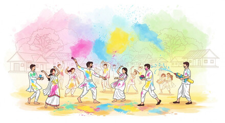 People celebrating Holi festival with colorful powder joyful outdoor event traditional Indian culture illustration
