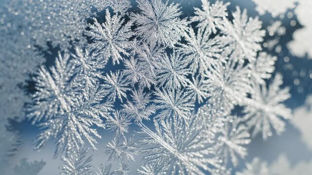 Delicate frost crystals forming intricate patterns on a winter surface viewed from above in a close-up photograph