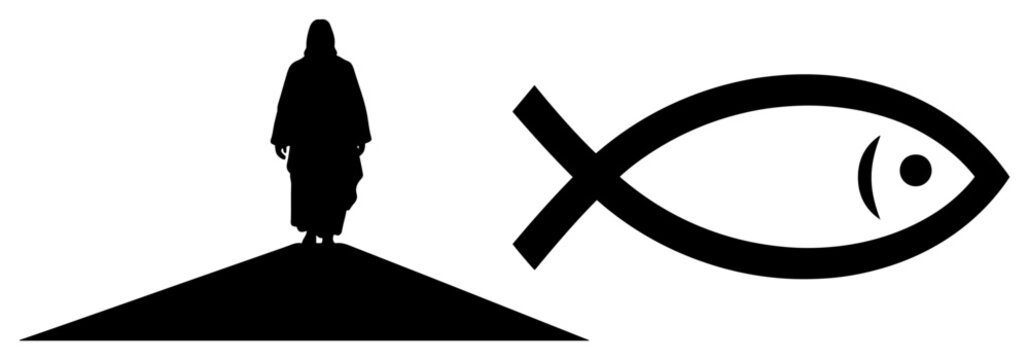 Christian silhouette of Jesus Christ standing on a hill with Ichthys fish symbol