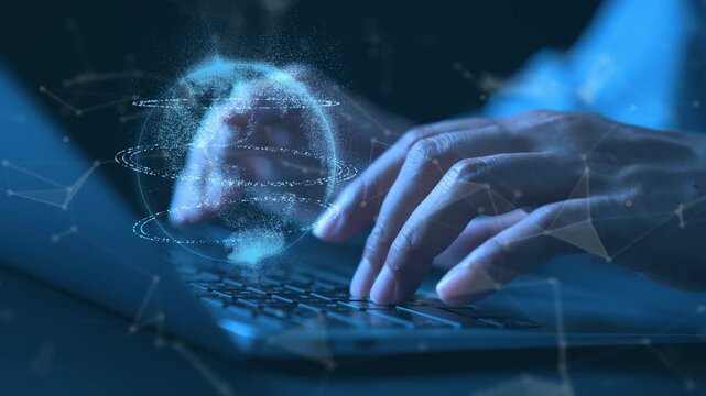 global digital hologram network businessman hands typing on a laptop with a glowing virtual. Future technology concept featuring artificial intelligence, big data analytics