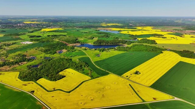 Drone flying forward reveals green and yellow farmland with forests and ponds