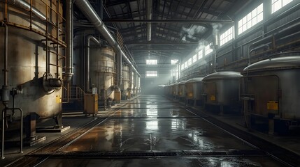 Industrial factory interior with large tanks and steamy atmosphere