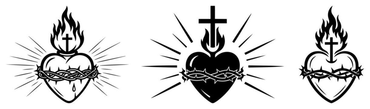 Three variations of the sacred heart of jesus with crown of thorns and flames
