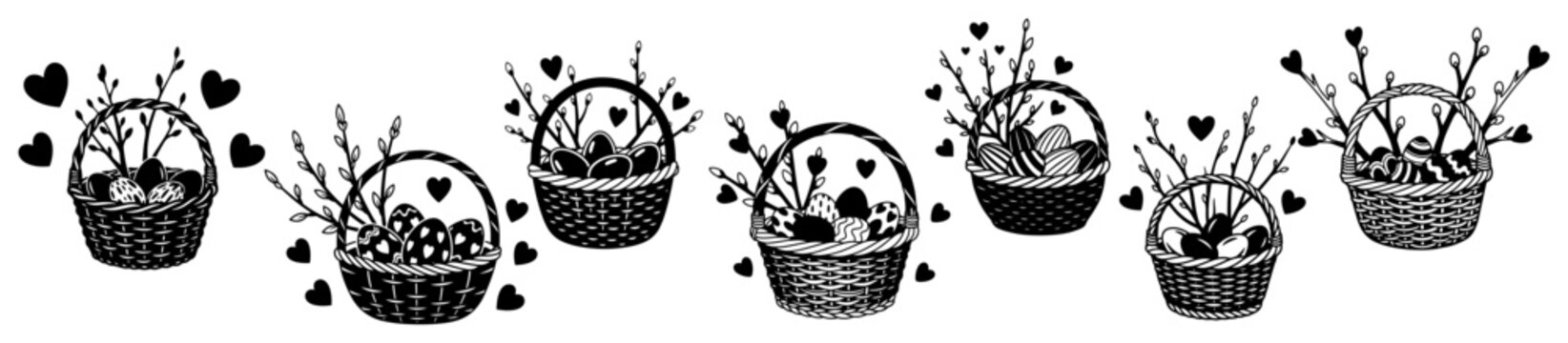 Hand drawn collection of Easter baskets filled with eggs and pussy willow branches with decorative hearts