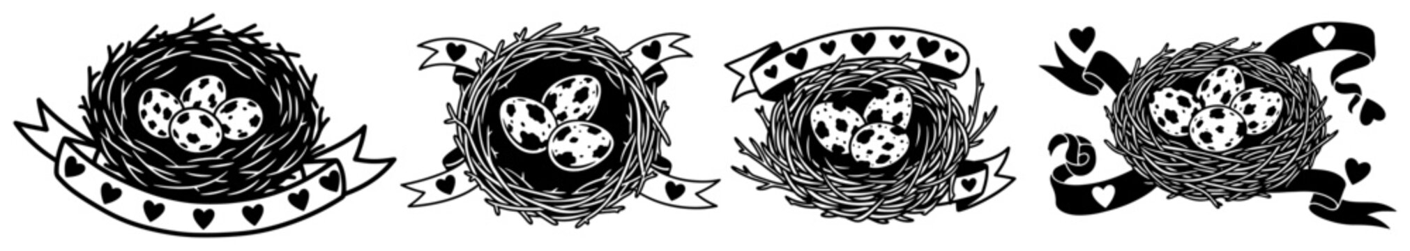 Collection of bird nests with spotted eggs and decorative ribbons for spring