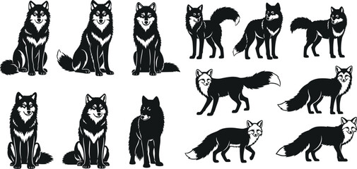 Black wolf and fox silhouette set, wild canine predators in sitting and standing poses, forest animal vector icons for nature design, © Mehedi