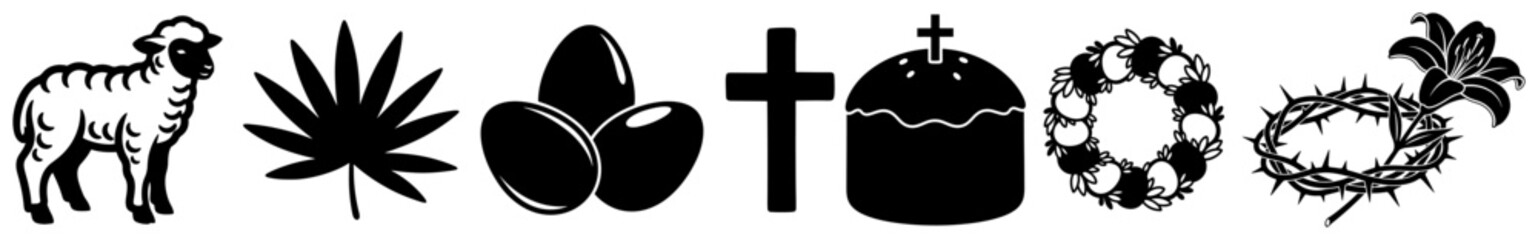 Set of black silhouette Easter icons with lamb palm leaf eggs and cross © Camel