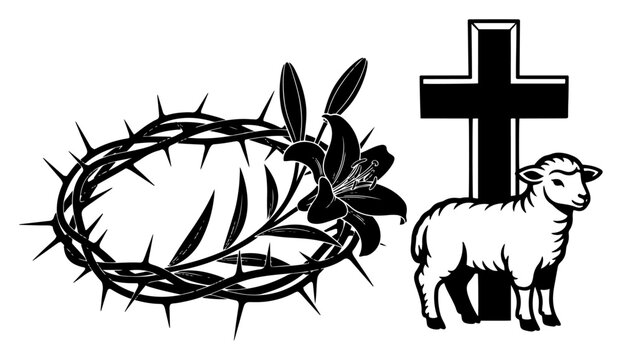Religious easter symbols set featuring crown of thorns lily flower and cross with sacrificial lamb