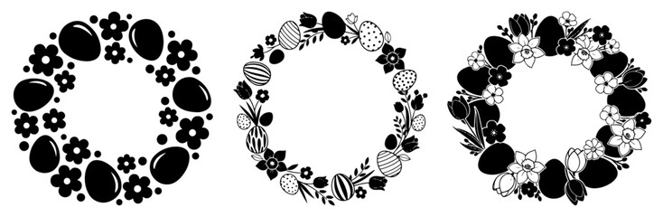 Set of three decorative Easter wreaths with eggs and spring flowers in silhouette and line art style © Camel