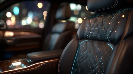Fototapeta premium Luxurious automobile interior detail showcasing advanced fiber optic starlight headliner effect integrated directly into the premium leather seating upholstery at night