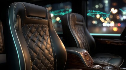 Fototapeta premium Luxurious black leather vehicle interior features exquisite diamond quilting and ambient lighting highlighting executive comfort during nighttime city travel