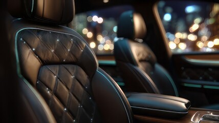 Fototapeta premium Luxurious automotive interior featuring diamond quilted leather seating with integrated ambient fiber optic lighting illuminating the cabin at night