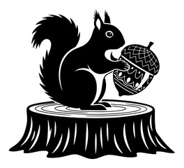 Cute squirrel sitting on tree stump holding decorated acorn Easter egg © Camel