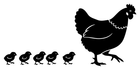Black silhouette of a mother hen followed by five little chicks walking in a row © Camel