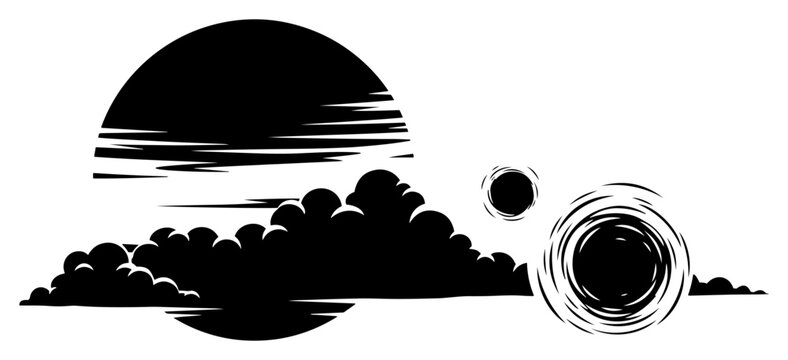 Abstract celestial sky landscape with large sun behind silhouette clouds