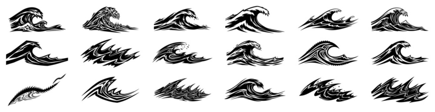 Collection of stylized ocean waves and sea surf symbols in various artistic graphic styles