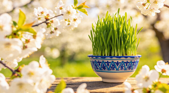 Sabzeh wheat sprouts in traditional bowl for Nowruz spring celebration