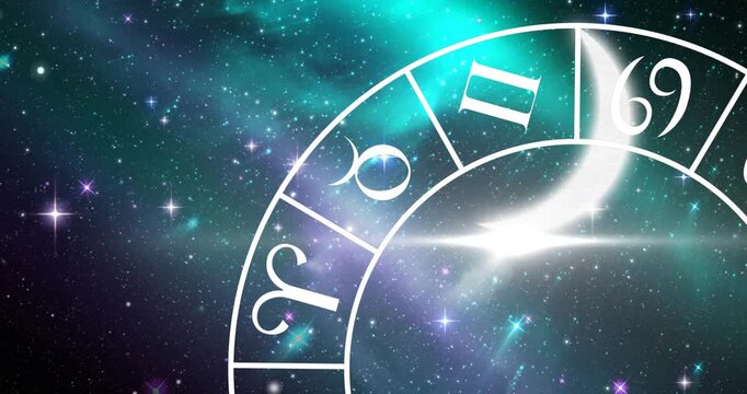 Digital animation of moon and spiral symbols of the zodiac signs in space