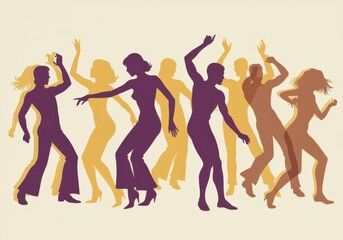 Fototapeta premium A vintage-style illustration of silhouetted people dancing in a disco.