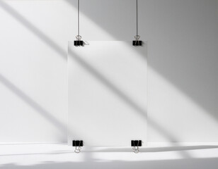 Blank white vertical poster mockup hanging with binder clips on a white wall