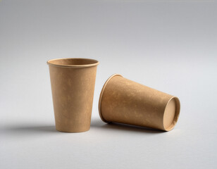 Brown paper coffee cup mockup set on gray background with studio lighting