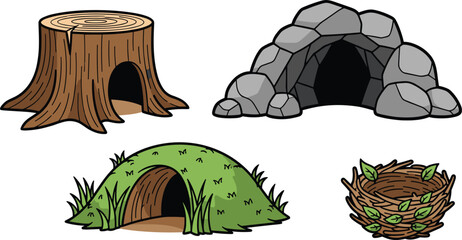 Wild Animal Habitat and Nature Shelter Vector Illustration Set Featuring Tree Trunk Cave Grass Burrow and Bird Nest Icons © Sirajul