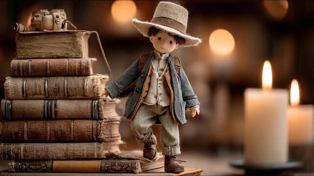 Detailed doll figure with hat stands near stacked books and candles