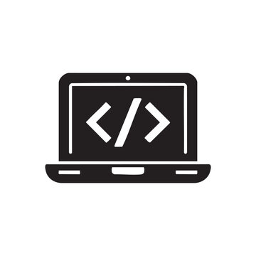 Simple black and white icon of a laptop displaying coding symbols on its screen representing programming and software development.