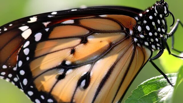 Closeup of colorful insect wing structure perched on foliage