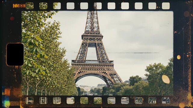 Eiffel Tower framed by trees and film border