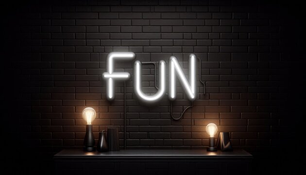 A glowing neon sign shows the word fun on a dark brick wall. Lamps on the table add to the lively atmosphere in a city space