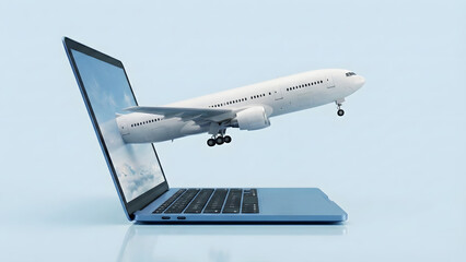 A surreal, high-detail conceptual image showing a large white commercial airliner with landing gear down emerging dynamically from the screen of an open blue laptop.