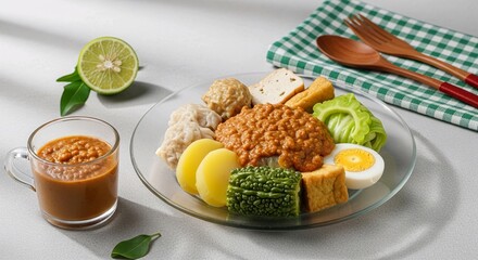 High-quality food photography of traditional Indonesian siomay served with rich peanut sauce on a clear glass plate. Includes tofu, dumplings, bitter melon, potatoes, boiled egg, and fresh lime.