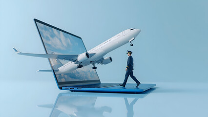 A surreal, high-detail conceptual image showing a large white commercial airliner with landing gear down emerging dynamically from the screen of an open blue laptop.