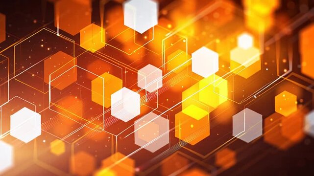 Abstract geometric pattern with glowing orange hexagons and network connections.